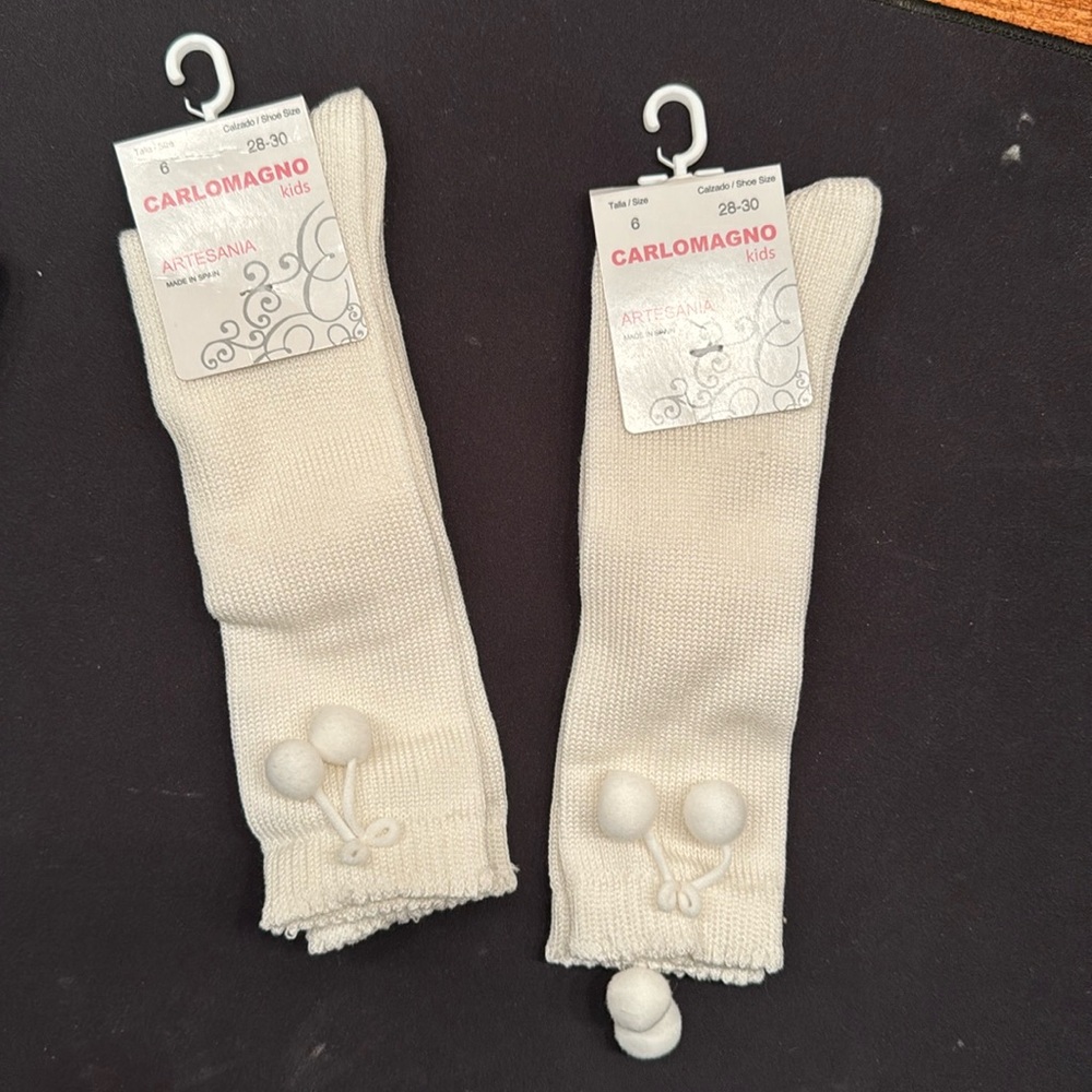 Carlomagno - Kids’ Scottish Yarn Knee High Pom Pom Socks- Natural Ivory - Size:6